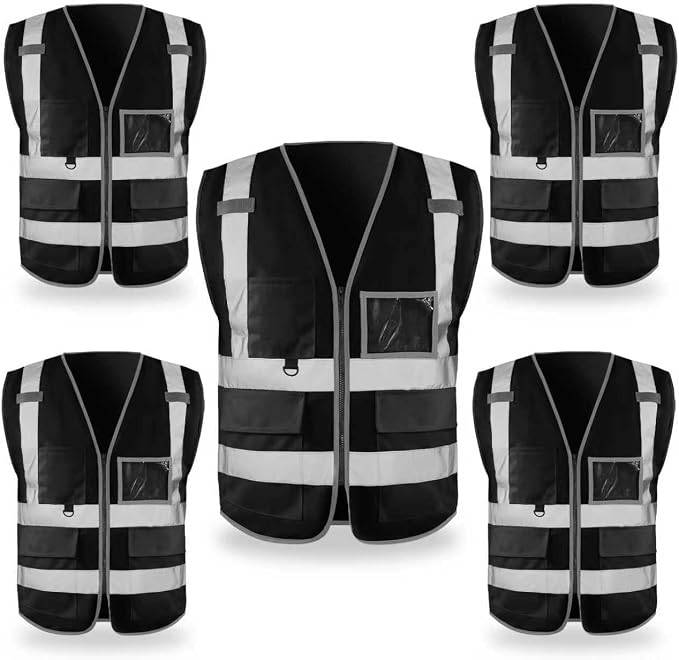 FATONE Hi Vis Safety Vest for Men with Reflective Strips, Class 2 High Visibility Vest with Pockets for Construction, Traffic, Warehouse, Security, Volunteer, 5 Pack Black, 2XL