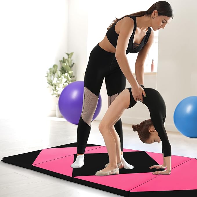 Goplus Gymnastics Mat, Folding Tumbling Mat with Carry Handles, Hook & Loop Fasteners, 4 Panels for Fitness Exercise Yoga Stretching Aerobics Workouts, Thick Gym Mats for Home