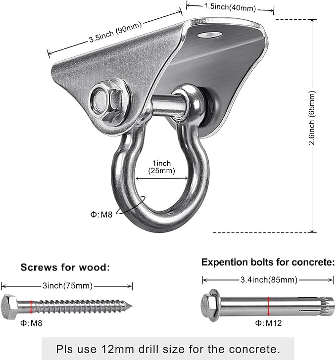 BeneLabel 4Pack Stainless Steel Swing Hanger Ceiling Mount 1000 LB Capacity 180° Swing Swing Hardware for Swing Seat, Yoga, Heavy Bag, Porch Swing, Hanging Chair with 8 Screws and 8 Expansion Bolts