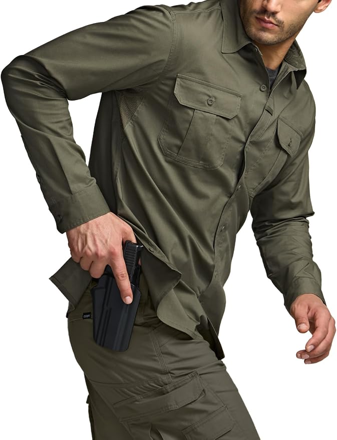 CQR Men's Long Sleeve Tactical Shirts, Ripstop Military Work Shirts, UPF 50+ Breathable Button Down Outdoor Hiking Shirt