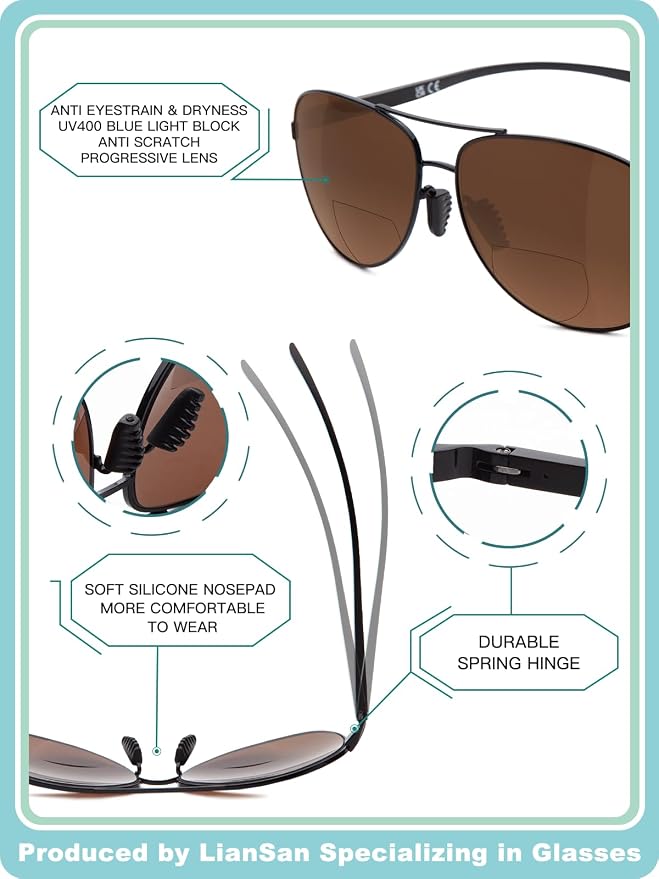 LianSan Premium Aviator Bifocal Reading Sunglasses for Men Women Retro Top Clear Sun Readers UV Protection