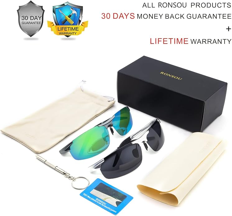 RONSOU Men Sport Al-Mg Polarized Sunglasses Unbreakable for Driving Cycling Fishing Golf