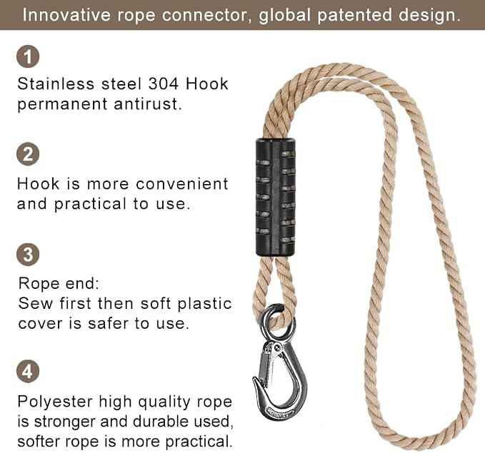 BeneLabel Tree Swing Rope, 19 inch, Hammock Tree Swing Hanging Strap, Heavy Duty Hook, for Indoor Outdoor Swing Hammock Playground Set Accessories, 1 Pcs, Off-White