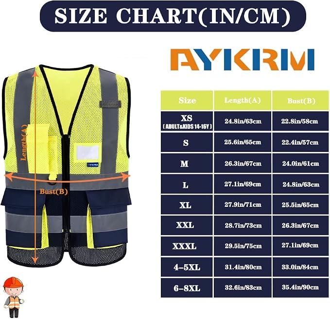 A-SAFETY High Visibility Safety Vest with 4 Reflective Strips 7 Pockets,Yellow&Navy Mesh X-Small