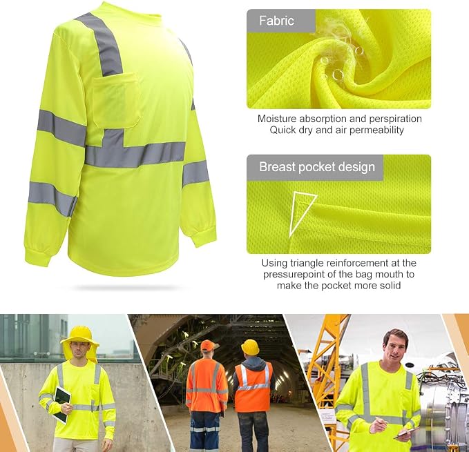 A-SAFETY Safety Shirt,High Visibility Work T Shirt Long Short Sleeve Class 3 (XS-6XL)