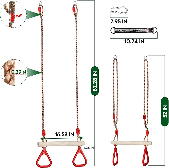 Trapeze Swing Bar with Rings, Wooden Trapeze Swing Bar with Plastic Gym Rings Adjustable Rope, Locking Straps, Outdoor Swing Set Playground Accessories for Kids (Red)