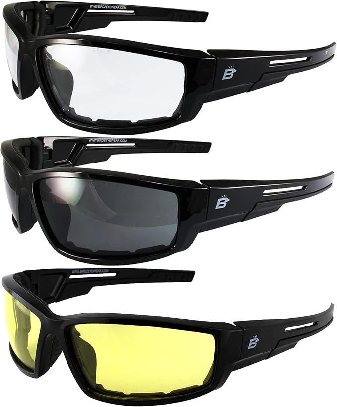 Birdz Eyewear Swoop Anti-Fog Padded Motorcycle Sunglasses Riding Glasses 3 Pairs Black Frame Lenses for Day & Night ANSI Z87 .1