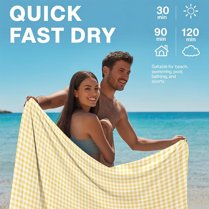 2 Pcs Microfiber Beach Towel Sand Free Quick Dry Oversized Gingham Checkered Yellow and White Retro Travel Pool Towels Lightweight for Adults Swimming Sports Gym Yoga 71 x 32 Inches