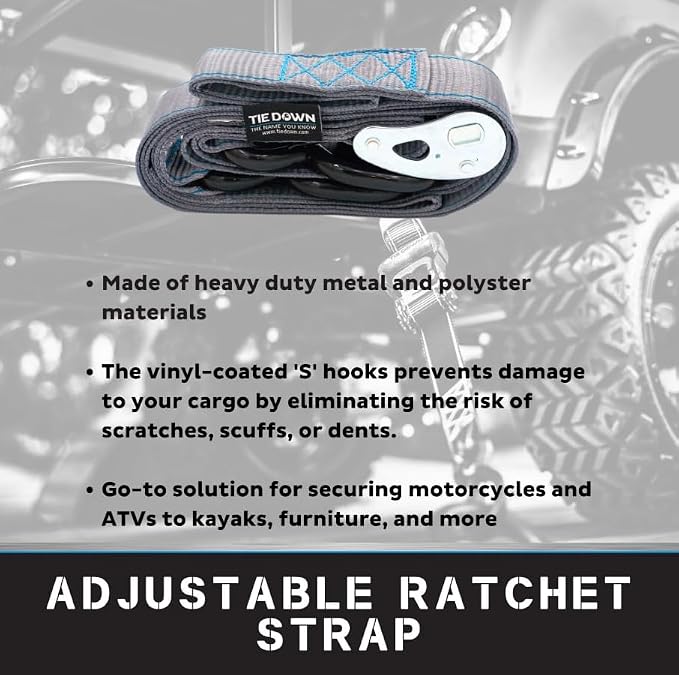 Tie Down 1.5 in. x 8 ft Grey Heavy Duty Motorcycle Strap, 2-Pack Kit - 3328 lbs. Breaking Load Limit