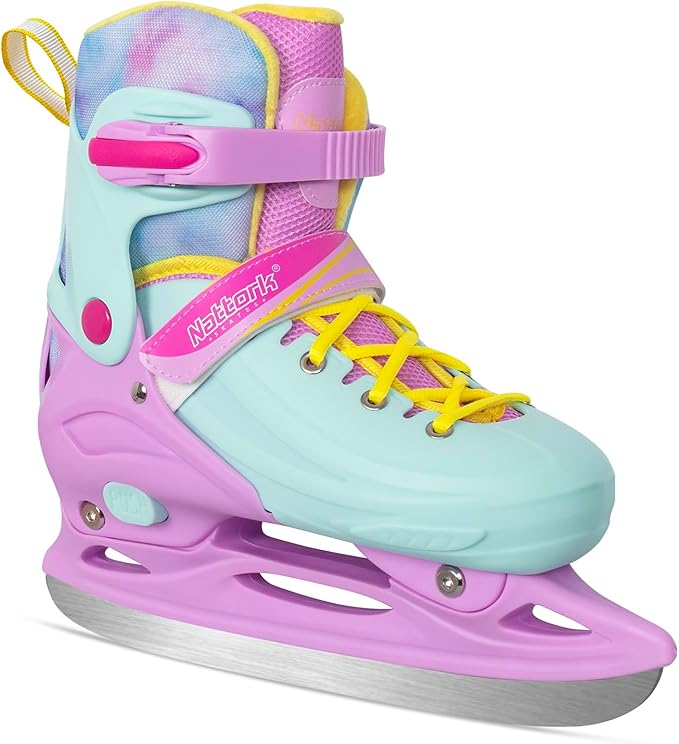 Nattork Ice Skates 4 Sizes Adjustable for Kids Boys Girls, Fun Beginner Ice Skating for Outdoor, Soft and Comfortable Hard Protection for Children Youths Teen