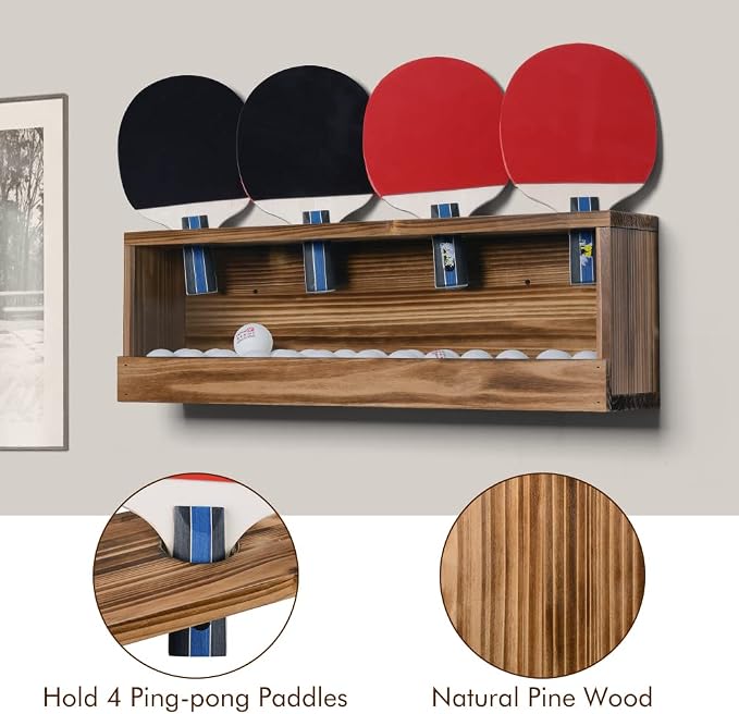 Ping Pong Paddle Storage Rack - Table Tennis Racket Display Wall Mounted Holder for 4 Paddles and Balls in Bar, Game Room, Office Break Room, Garage, Bedroom, Home - Rustic Burnt