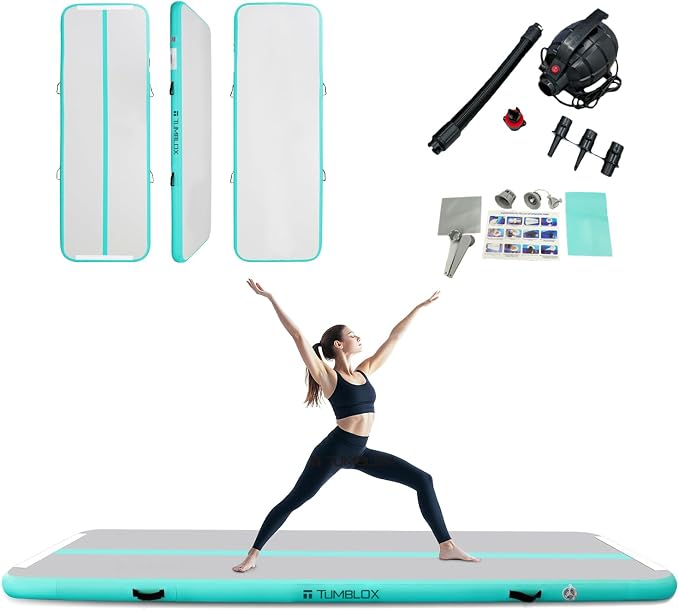 Air Gymnastics Mat Inflatable & Tumbling Mat – 4/8 Inches Thick with Electric Pump + Free Foot Pump – Ideal for Home, Gym, Water, and Beach Use