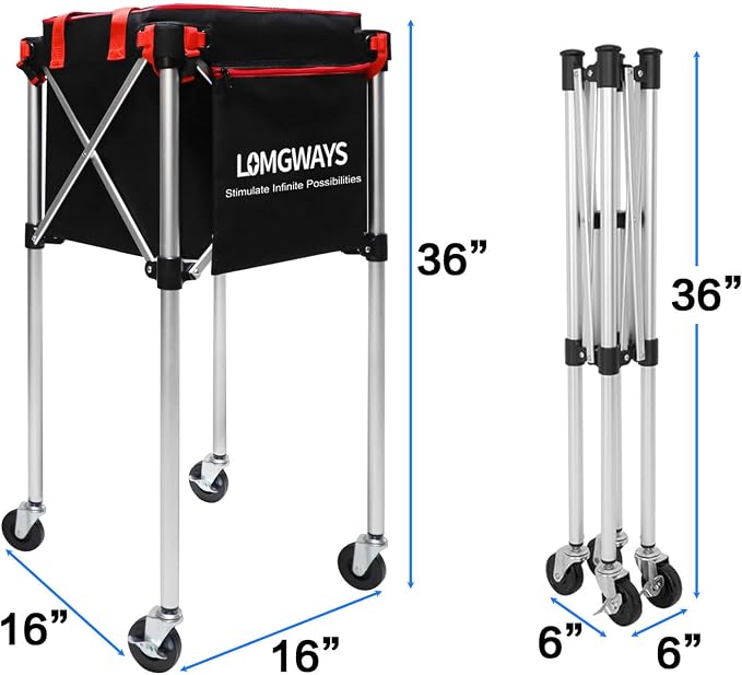 Pickleball Tennis Hopper–Foldable Cart Holds 180 Tennis/160 Pickleballs | Large Capacity |Lightweight with Wheels | Removable Bag| Side Pocket | Multi-Sport Use