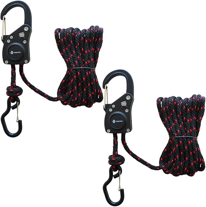 Adjustable Heavy Duty Ratchet Rope Hangers with Metal Hooks – Durable Ratchet Tie Down Straps for Grow Tent, LED Lights, Fans, Filters & Cargo Gear 2 Pack