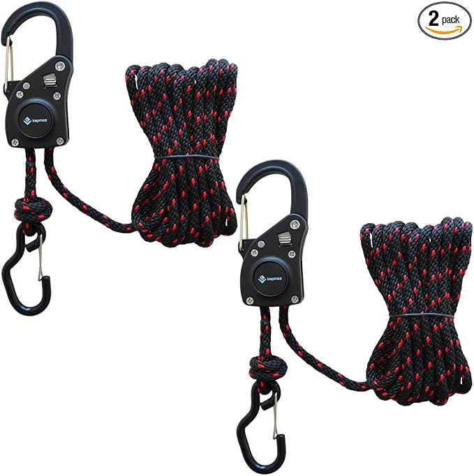 Adjustable Heavy Duty Ratchet Rope Hangers with Metal Hooks – Durable Ratchet Tie Down Straps for Grow Tent, LED Lights, Fans, Filters & Cargo Gear 2 Pack