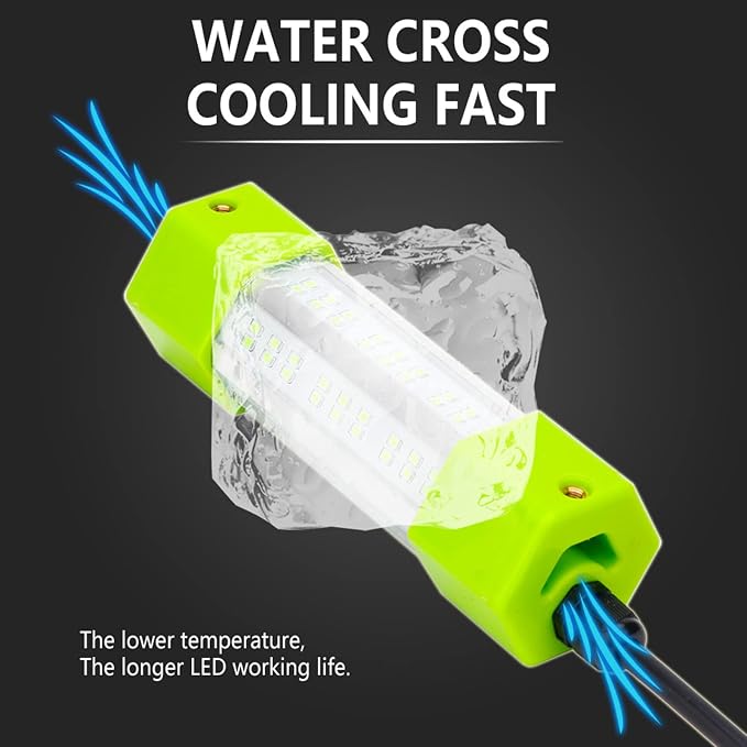 70W 130W DC 12V IP68 Waterproof Aluminum High Power Glowing Boat Fish Attractants Lure Green Submersible Fishing Lights LED Underwater For At Night Snook Crappie with Battery Clips Cigarette Charger Plug