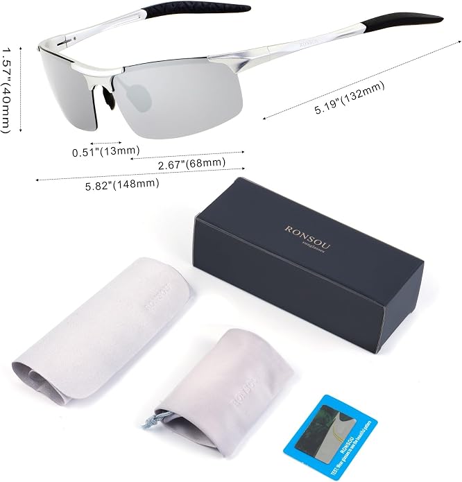 RONSOU Men Sport Al-Mg Polarized Sunglasses Unbreakable for Driving Cycling Fishing Golf