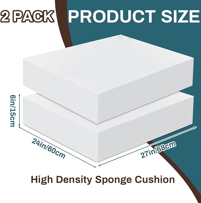 Frienda 2 Pack 6" x 24" x 27" Upholstery High Density Foam Cushion Replacement Square Cut to Size Foam Couch for Chair Couches Padding Shipping Packing DIY Cosplay Projects(White)