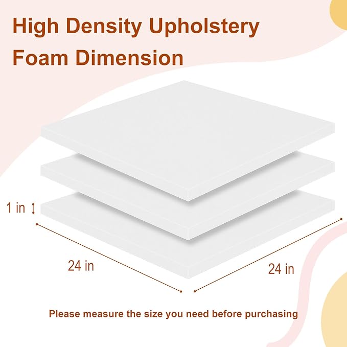 High Density Upholstery Foam 1" X 24" X 24", 3PCS Couch Cushion Replacement - 45D Density 70 ILD (Firm), Square Foam Padding for Chairs, Cut to Size Foam Replacement Cushion for Sofa Chair Bench