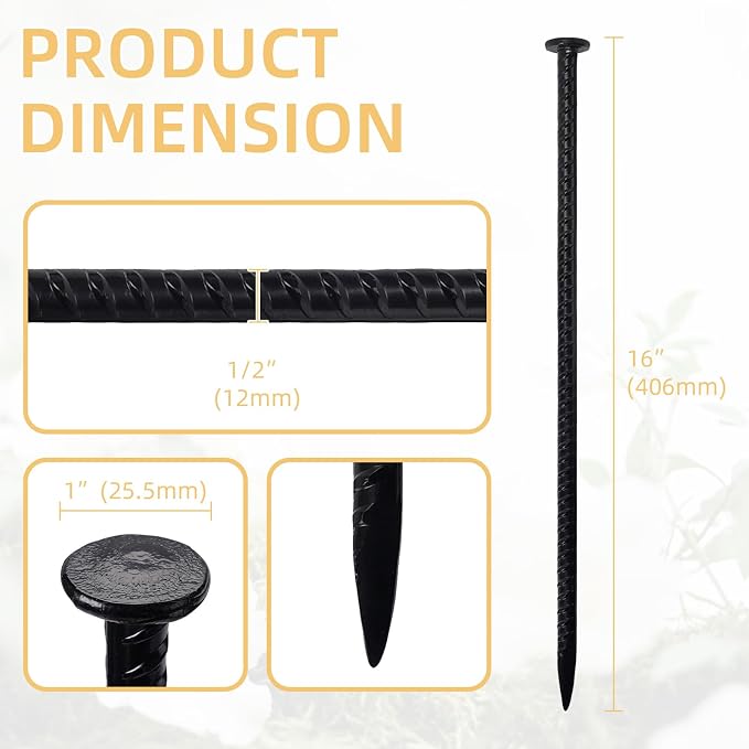 16 Inch Rebar Stakes, 1/2 Inch Diameter Galvanized Steel Ground Anchors, Heavy Duty Metal Spikes for Speed Bump, Wheel Stop, Parking Curb and Tent (24 Pack, Black)