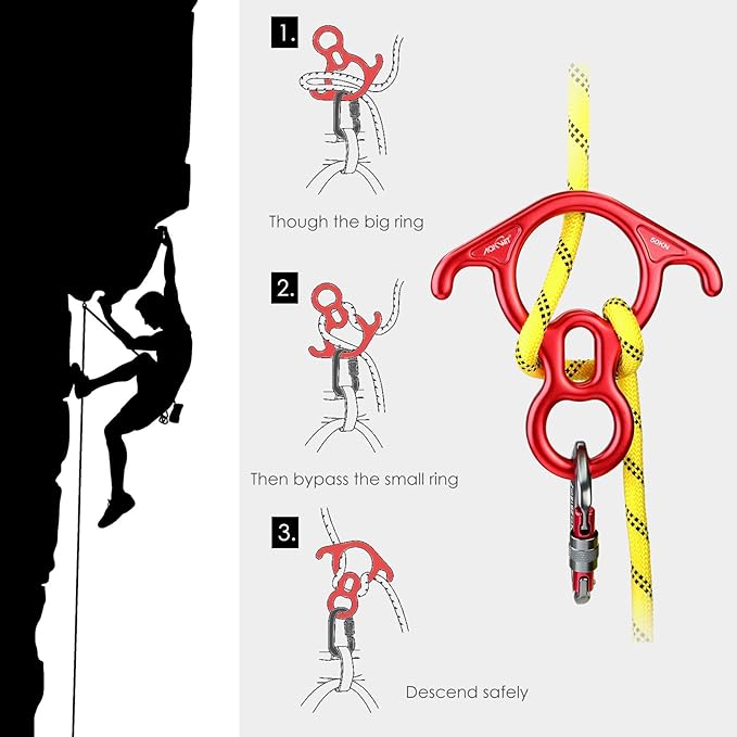Professional Climbing Gear Set: 50KN Rescue Figure 8 Descender with Large Bent-Ear & 25KN UIAA Certified Auto-Locking Carabiner, Heavy Duty 7075 Aluminum Rappelling Equipment for Rock Climbing, Rescue