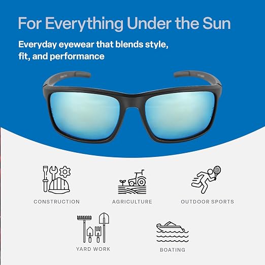 Bullhead Safety Eyewear Pompano Glasses – Polarized, Anti-Fog, Lightweight, Scratch Resistant, UV Light Blocking Sunglasses for Driving, Golf, Boating, Outdoor Work, Ice Blue Mirror Lens