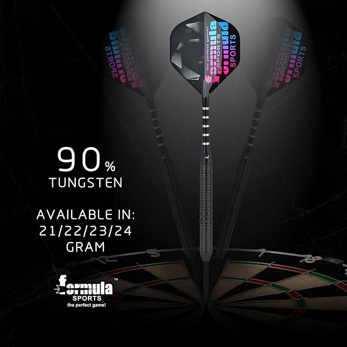 Formula Sports 90% Tungsten Darts Metal Tip Set - Professional Steel Tip Darts Set 21g/22g/23g/24g, with Aluminum Shafts, Tungsten Barrels, Dart Sharpener, Extra Flights