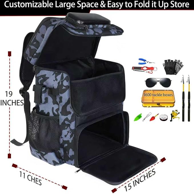 Fishing Backpack with Rod Holder, Large 50L Tackle Bag Water Resistant Tackle Backpack Heavy Duty Fishing Bag Gift for Men Woman