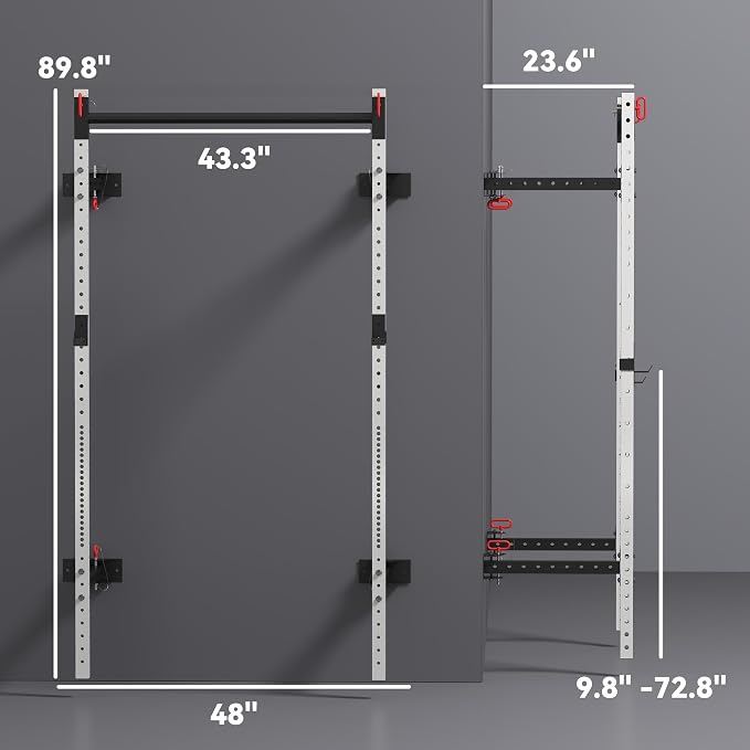 Soozier Folding Squat Rack with Adjustable Pull-Up Bar, 1000 Pounds Capacity Wall Mounted Power Rack, Adjustable Steel Barbell Rack with J Hooks for Home Gym Full Body Workout