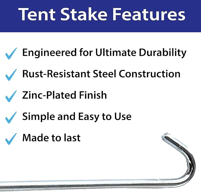 Steel Tent Stakes - Heavy-Duty Ground Stakes, Metal Stakes for Commercial Inflatables, Outdoor Camping Canopy, Fence, Garden Tent, Tent Accessories, 1/2" Diameter x 12" Length, 50-Pack