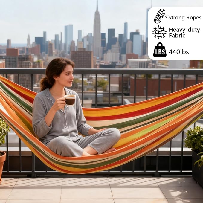 Cotton Canvas Hammock, Comfortable Fabric Camping Hammock with Tree Straps, Up to 440lbs with Travel Bag for Camping Outdoor/Indoor Patio Backyard(Orange, Without bar)