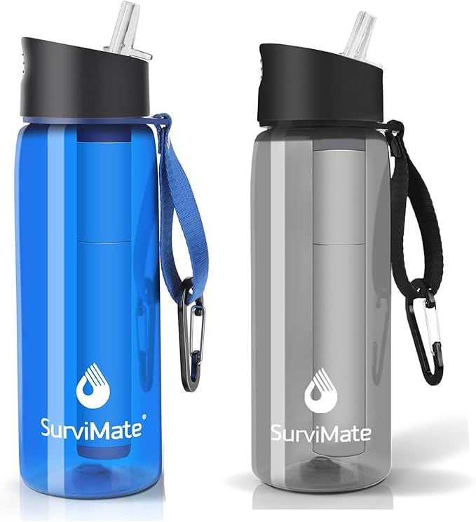 SurviMate Purified Water Bottle for Camping, Hiking, Backpacking and Travel, BPA Free with 5-Stage Intergrated Filter Straw