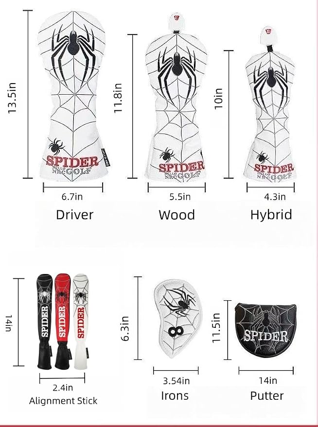 Vesperlux Spider Golf Headcovers Driver Wood Hybrid Iron | Waterproof Leather, Magnetic Putter Cover, Anti-Slip Fit, Full Protection, Durable, Fits Alignment Stick, Men's Golf Gift