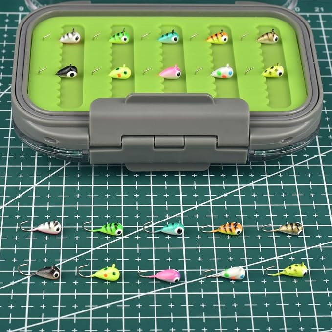 Tungsten Ice Fishing Jigs Kit, 3.2/4/5mm Glow in Dark Tear Drop Ice Fishing Lure Jigs with Waterproof Two-Sided Jig Box Assortment 20/24/30