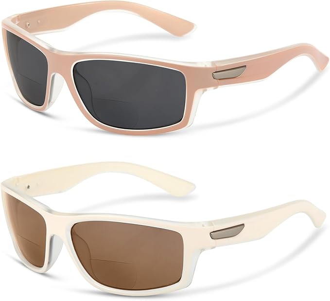 Missfive 2-Pack Bifocal Sunglasses with Readers Built In Sporty Upgraded Wrap Frame, UV400 Protection Driving & Reading Glasses for Outdoor +2.5 (Soft-Tone)
