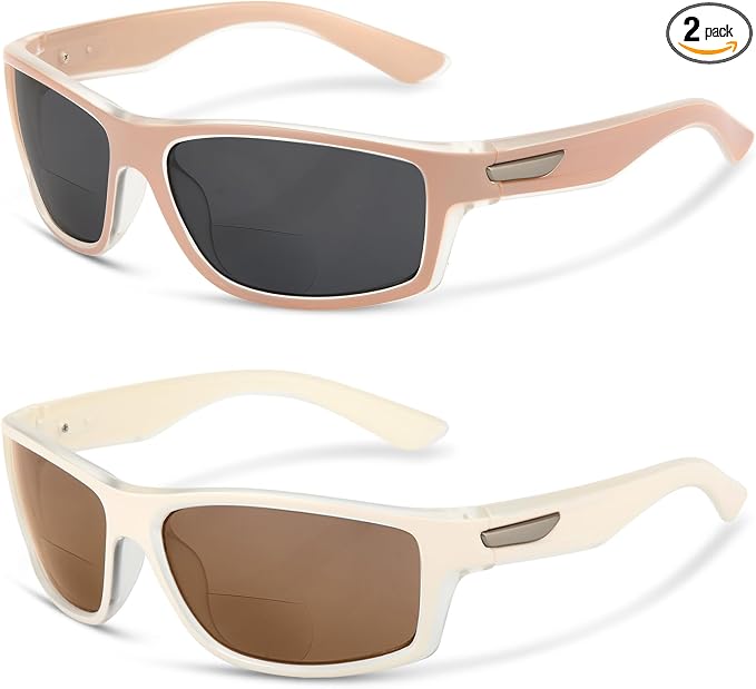 Missfive 2-Pack Bifocal Sunglasses with Readers Built In Sporty Upgraded Wrap Frame, UV400 Protection Driving & Reading Glasses for Outdoor +3.0 (Soft-Tone)