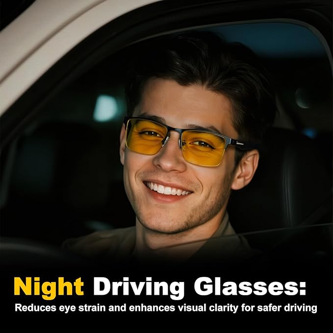 SKYOAK Premium Night Vision Bifocal Reading Glasses Men, Lightweight TR90 Temple Metal Half Frame Anti Glare Nighttime Driving Glasses HD Yellow lens Outdoor Readers, +2.5x
