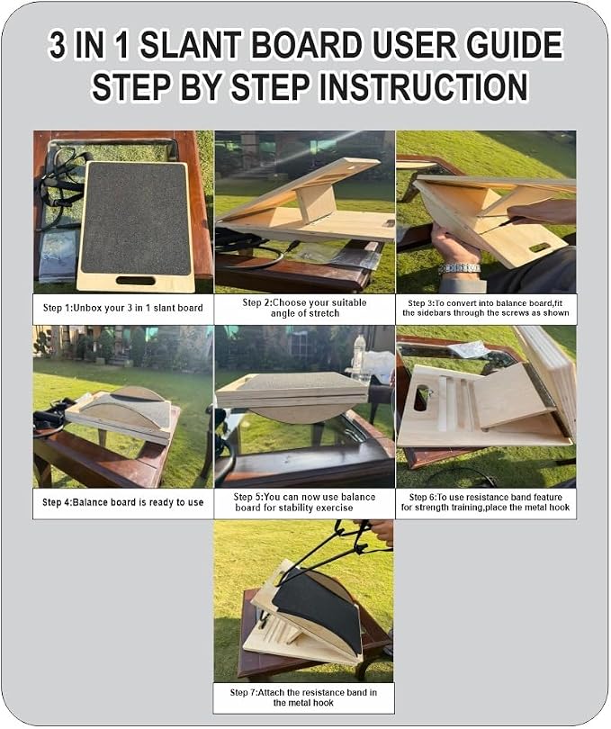 3-in-1 Portable Wooden Slant Board, Balance Board & Resistance Band – 5 Incline Angles –Incline Board – Slant board for exercise, Squats, Physical Therapy – Anti-Slip Surface, Portable, Metal Hook