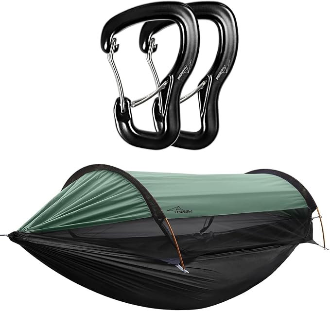Camping Hammock Tent with Heavy Duty Carabiner Clips, Lightweight Hanging Hammocks Tree Straps, Bivvy Ground Tent for Outside, Hiking, and Travel