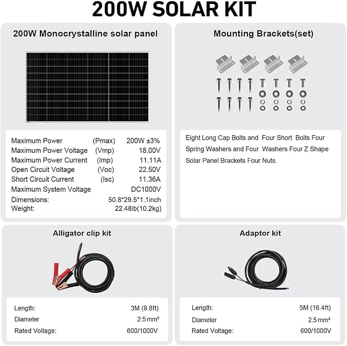 DOKIO 200W 18V Solar Panel Kit Monocrystalline with Aluminum Frame and MC4, Mounting Brackets, Alligator Clips & 5m Cable for RV, Boat, Roof, Cabin, Off-Grid (Controller Required)