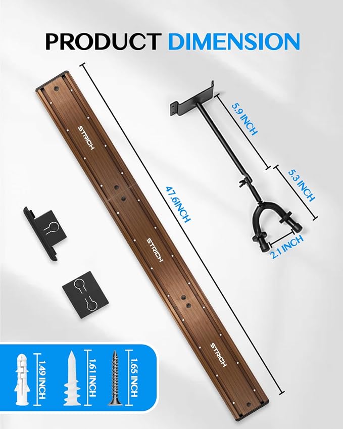 STRICH Guitar Wall Mount Hangers - Holds 5 Guitars, Walnut Wood Grain, Strong Aluminum Metal Stand Rack, Adjustable Display Set, SMH-05W