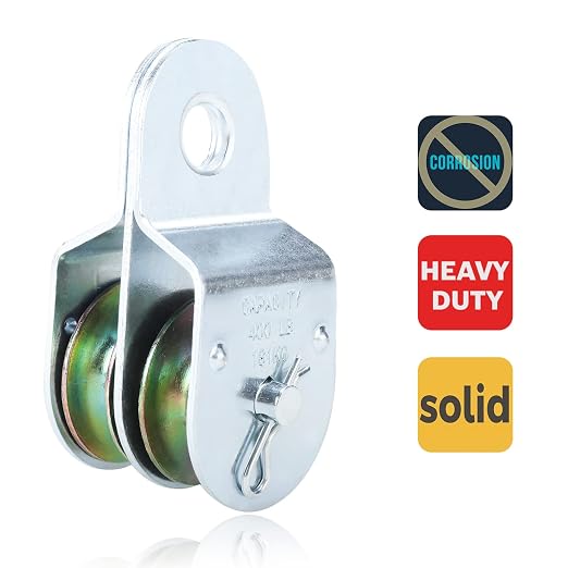 Fixed Double Pulleys, Double Groove Cable Fixed Pulley Block, Double Pulley Block Wheel, Double Pulley Roller, Loading 400 LBS Each, Iron with Zinc Plated (4, 1-1/2 Inch)