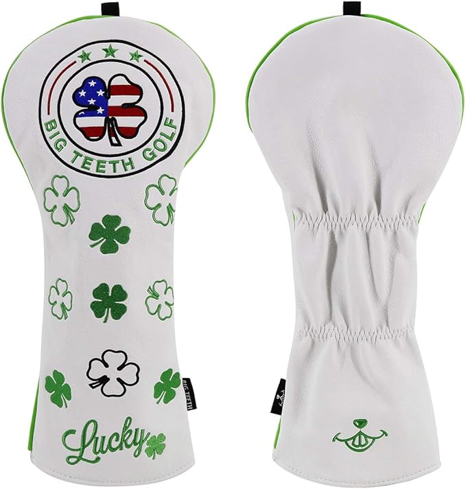 Big Teeth Golf Cover Lucky Clover Headcover Covers, Driver Fairway Wood Hybrid Headcovers Fits Blade Mallet Putter Iron and Woods with Magnetic White Shamrock Head Club Protector Leather