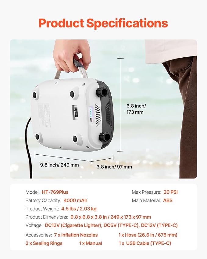 20PSI Paddle Board Pump, Rechargeable Battery-Powered, Dual Stage Electric SUP Air Pump with Auto-Off and Deflation Function, Ideal for Inflatable Paddle Board, Tent and Mattress