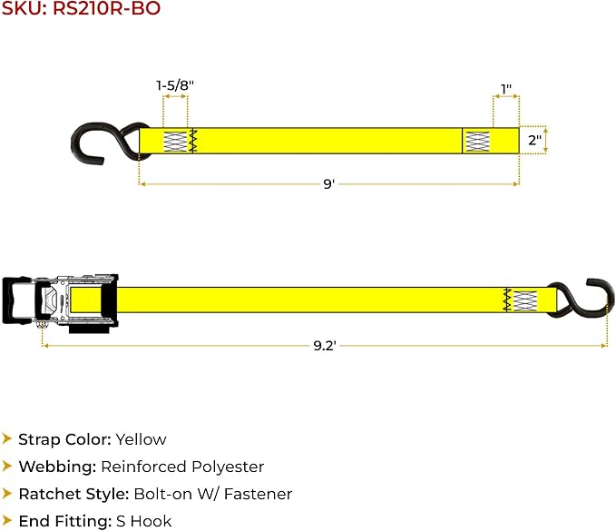 Mytee Products 4 Pk 2"x9.2' Bolt on Yellow Retractable Ratchet Straps for Cargo - Coated S Hook Auto Retract Ratchet Straps - Self Ratcheting Strap for Boat Tie Down to Trailer & Jet Ski, ATVs, Bikes