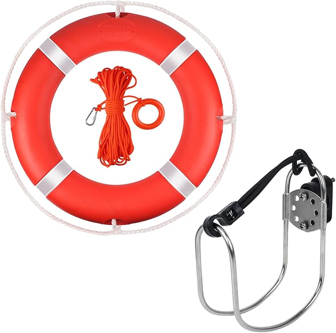 Life Ring, 23"/28" Boat Safety Throw Rings, Life Preserver Ring with Bracket and 98.5 FT Floating Rescue Rope, Outdoor Professional Throwable Flotation Device