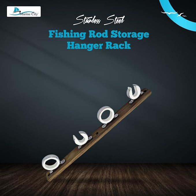 MARINE CITY Fishing Rod Storage Hanger Rack, 4-Rod Reel with Teak Base, Length 2.71 Inches for Boats Yachts Cars & Marine Use