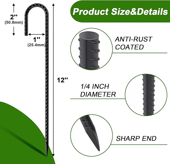 AAGUT Rebar Stakes 12 Inch 8 Pack, J Hook Premium Black Coated Ground Garden Anchors Heavy Duty, Superior Rust Resistance Chain Link Fence Stakes for Camping Tent, Inflatables, Lawn Decor