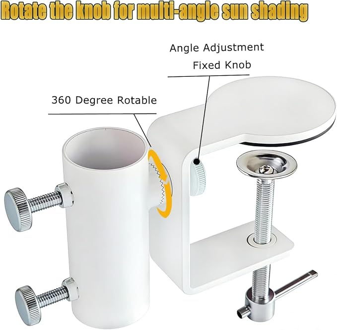 White Heavy Duty Patio Umbrella Clamp, Rustproof Steel Railing Holder with 360° Rotation for Balcony, Fence, Bleachers & Outdoor Deck