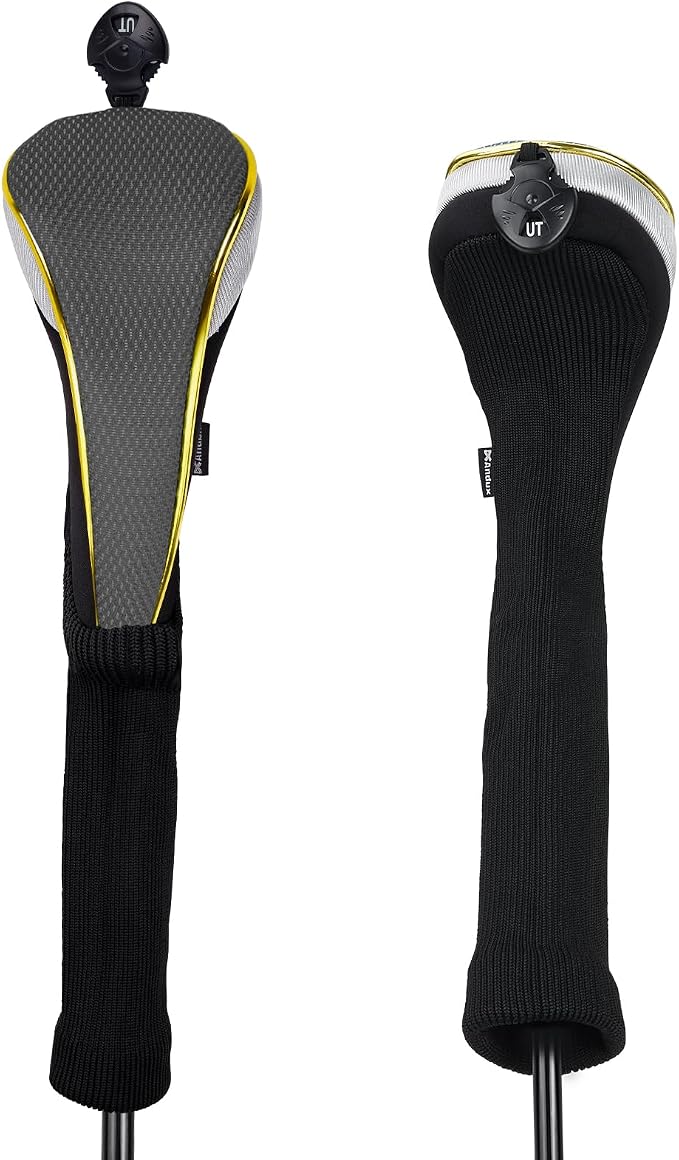 Andux 2Pcs/Set Long Neck Gold Golf Hybrids Club Head Covers with Dial No. Tag MT/HY13